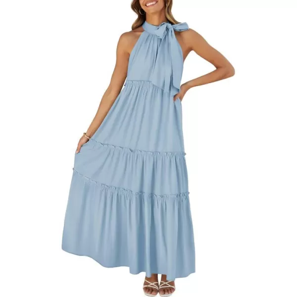 imageZESICA Womens Summer Boho Halter Maxi Dresses 2024 Casual Sleeveless Pleated Tiered Flowy Beach Vacation Long DressBlue