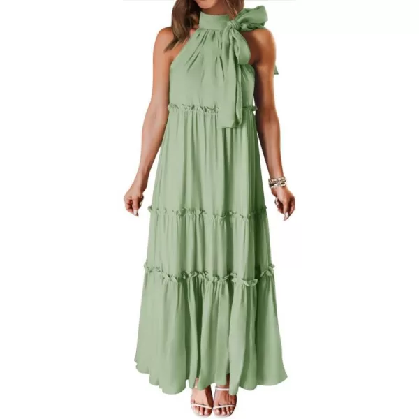 imageZESICA Womens Summer Boho Halter Maxi Dresses 2024 Casual Sleeveless Pleated Tiered Flowy Beach Vacation Long DressGreen