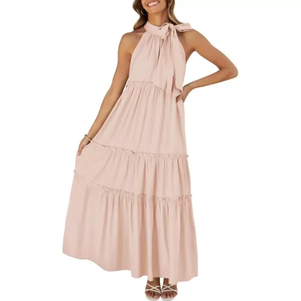 imageZESICA Womens Summer Boho Halter Maxi Dresses 2024 Casual Sleeveless Pleated Tiered Flowy Beach Vacation Long DressPink