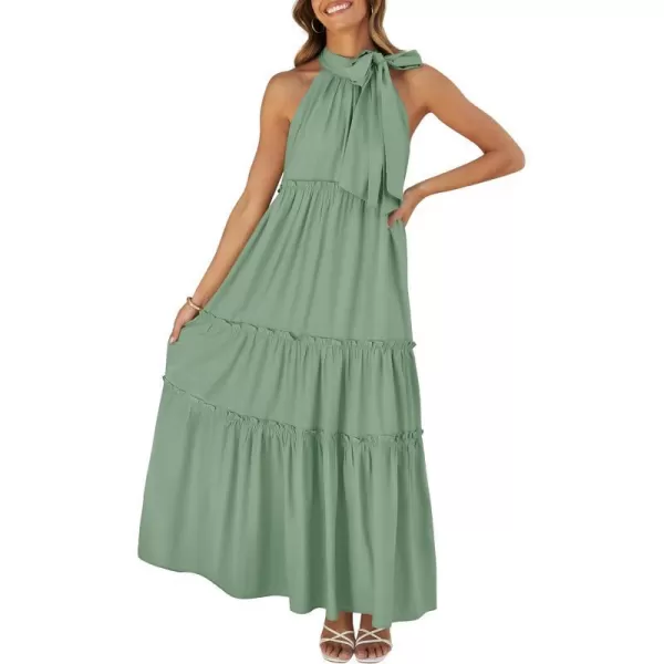 imageZESICA Womens Summer Boho Halter Maxi Dresses 2024 Casual Sleeveless Pleated Tiered Flowy Beach Vacation Long DressSage
