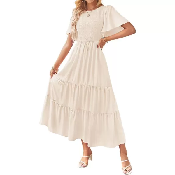 imageZESICA Womens Summer Casual Flutter Short Sleeve Crew Neck Solid Color Smocked Tiered A Line Flowy Beach Midi DressApricot