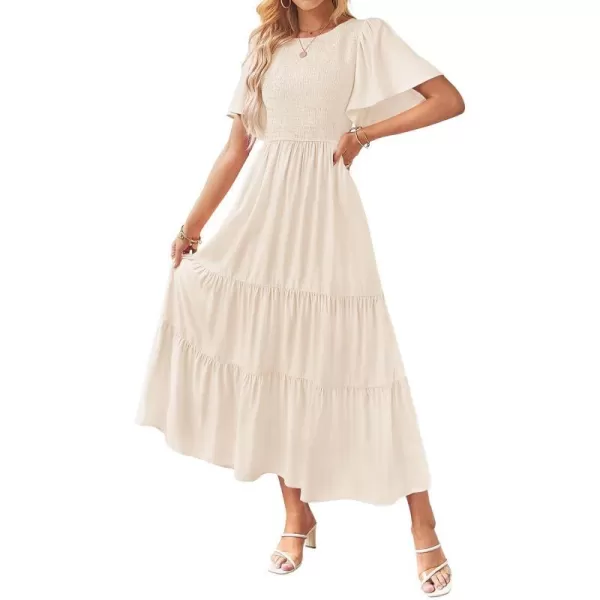imageZESICA Womens Summer Casual Flutter Short Sleeve Crew Neck Solid Color Smocked Tiered A Line Flowy Beach Midi DressBeige