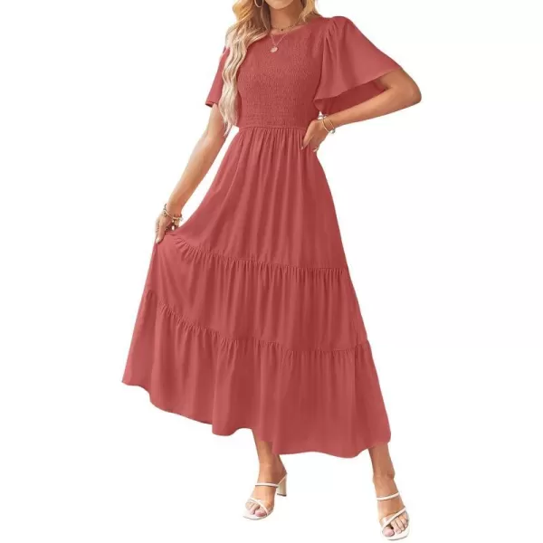 imageZESICA Womens Summer Casual Flutter Short Sleeve Crew Neck Solid Color Smocked Tiered A Line Flowy Beach Midi DressCoral