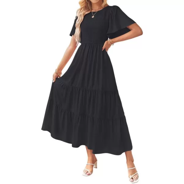 imageZESICA Womens Summer Casual Flutter Short Sleeve Crew Neck Solid Color Smocked Tiered A Line Flowy Beach Midi DressDim
