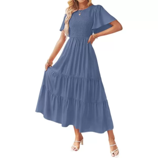 imageZESICA Womens Summer Casual Flutter Short Sleeve Crew Neck Solid Color Smocked Tiered A Line Flowy Beach Midi DressDusty Blue
