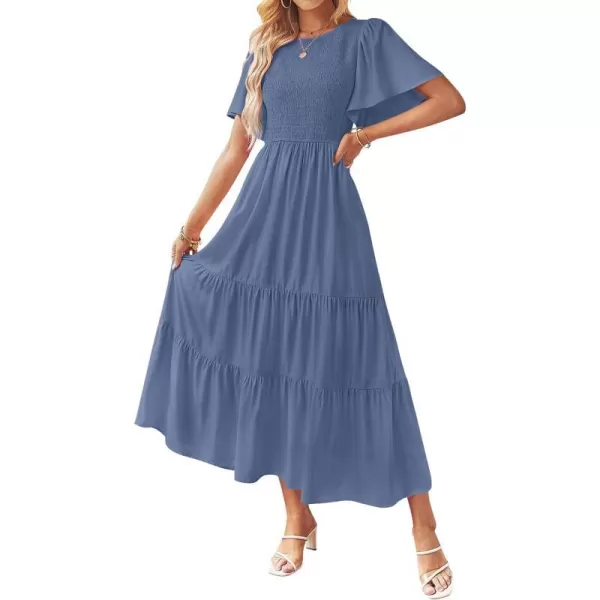 imageZESICA Womens Summer Casual Flutter Short Sleeve Crew Neck Solid Color Smocked Tiered A Line Flowy Beach Midi DressNavy