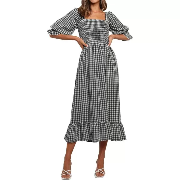 imageZESICA Womens Summer Casual Plaid Square Neck Puff 34 Sleeve Backless Smocked Ruffle Swing Midi DressBlack