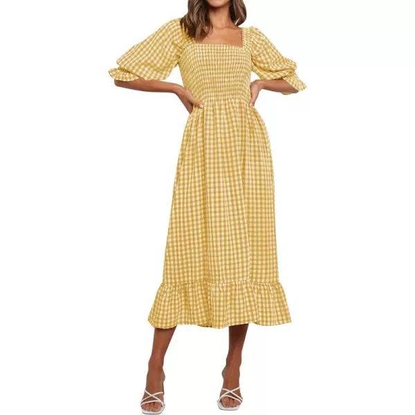 imageZESICA Womens Summer Casual Plaid Square Neck Puff 34 Sleeve Backless Smocked Ruffle Swing Midi DressGinger