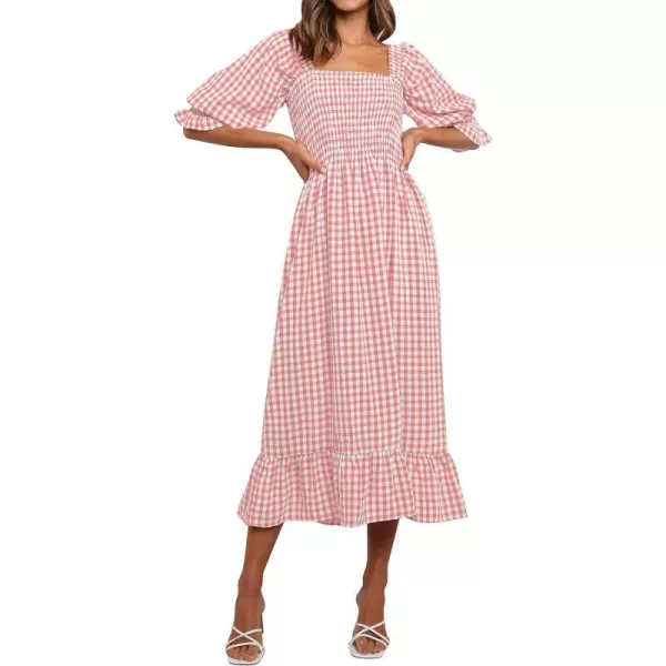 imageZESICA Womens Summer Casual Plaid Square Neck Puff 34 Sleeve Backless Smocked Ruffle Swing Midi DressPink