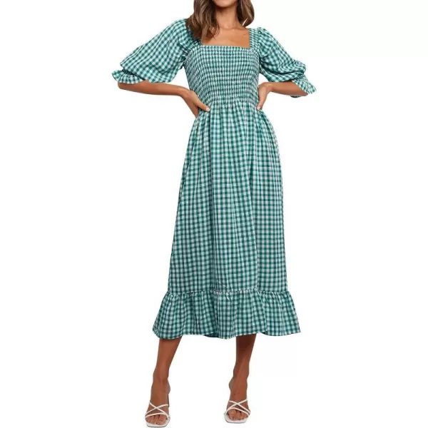 imageZESICA Womens Summer Casual Plaid Square Neck Puff 34 Sleeve Backless Smocked Ruffle Swing Midi DressTeal