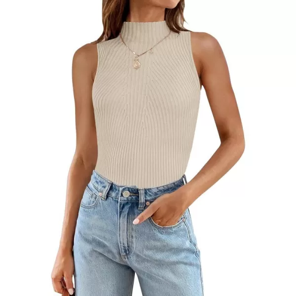 imageZESICA Womens Summer Casual Ribbed Tank Tops Mock Turtle Neck Slim Fitted Basic Knit Sleeveless ShirtsAlmond