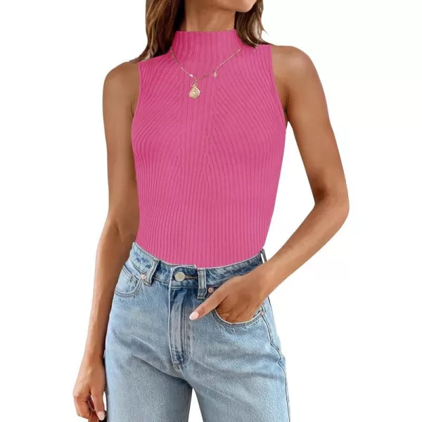 imageZESICA Womens Summer Casual Ribbed Tank Tops Mock Turtle Neck Slim Fitted Basic Knit Sleeveless ShirtsHotpink
