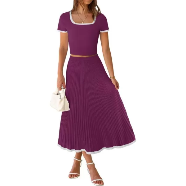 imageZESICA Womens Summer Casual Two Piece Sets Short Sleeve Top and Pleated Skirts Matching Lounge Set Vacation Travel OutfitsFuchsia