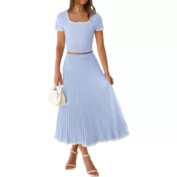 imageZESICA Womens Summer Casual Two Piece Sets Short Sleeve Top and Pleated Skirts Matching Lounge Set Vacation Travel OutfitsLightblue