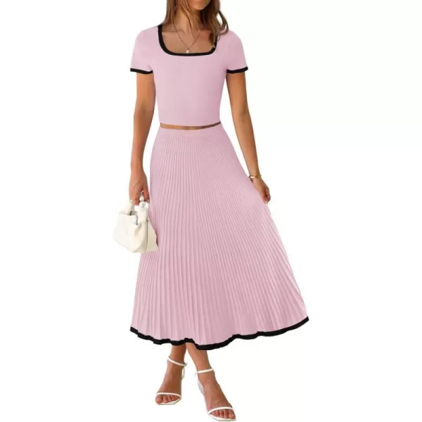imageZESICA Womens Summer Casual Two Piece Sets Short Sleeve Top and Pleated Skirts Matching Lounge Set Vacation Travel OutfitsLightpink