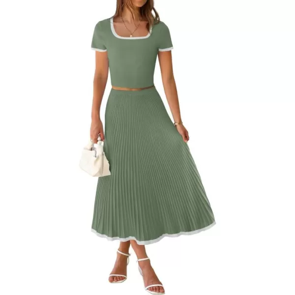 imageZESICA Womens Summer Casual Two Piece Sets Short Sleeve Top and Pleated Skirts Matching Lounge Set Vacation Travel OutfitsOlivegreen
