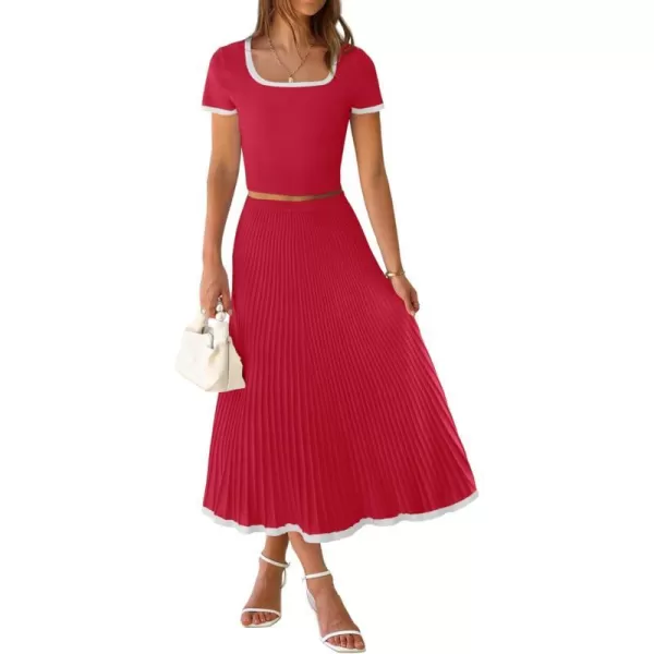 imageZESICA Womens Summer Casual Two Piece Sets Short Sleeve Top and Pleated Skirts Matching Lounge Set Vacation Travel OutfitsRed