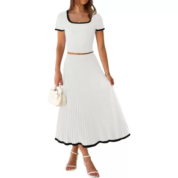 imageZESICA Womens Summer Casual Two Piece Sets Short Sleeve Top and Pleated Skirts Matching Lounge Set Vacation Travel OutfitsWhite