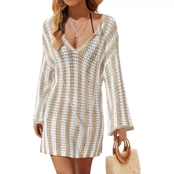 imageZESICA Womens Summer Crochet Swimsuit Cover Up Knit Hollow Out Bikini Bathing Suit 2024 Mesh Swimwear Beach DressApricot