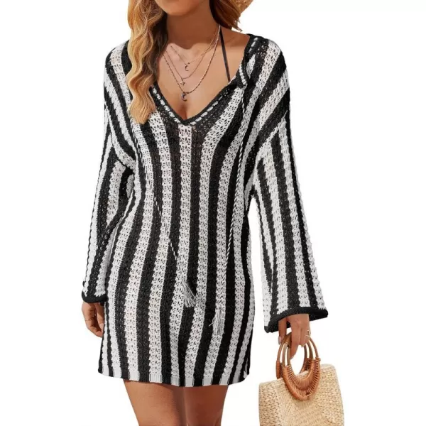 imageZESICA Womens Summer Crochet Swimsuit Cover Up Knit Hollow Out Bikini Bathing Suit 2024 Mesh Swimwear Beach DressBlack