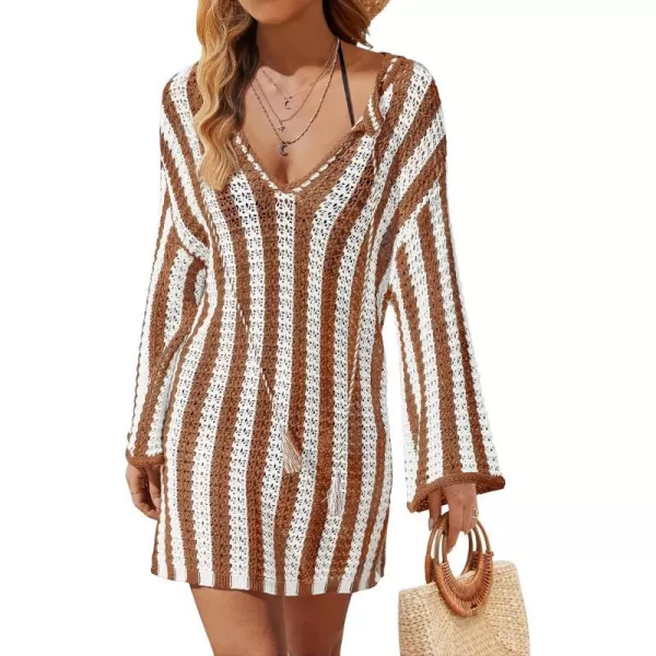 imageZESICA Womens Summer Crochet Swimsuit Cover Up Knit Hollow Out Bikini Bathing Suit 2024 Mesh Swimwear Beach DressBrown