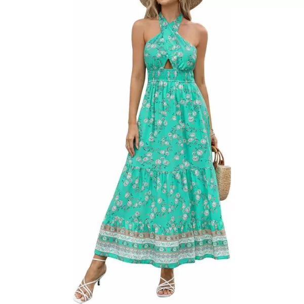imageZESICA Womens Summer Crossover Halter Neck Sleeveless Plaid Cut Out Backless Flowy A Line Maxi DressAqua