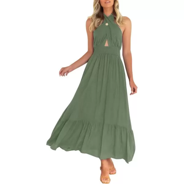 imageZESICA Womens Summer Crossover Halter Neck Sleeveless Plaid Cut Out Backless Flowy A Line Maxi DressArmygreen