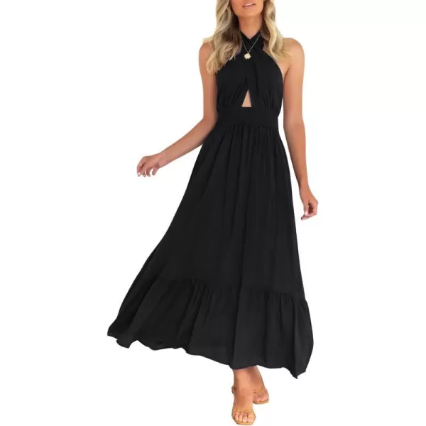 imageZESICA Womens Summer Crossover Halter Neck Sleeveless Plaid Cut Out Backless Flowy A Line Maxi DressBlack