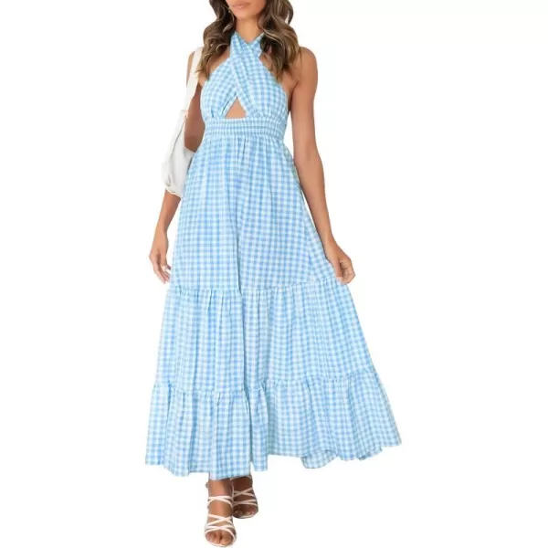 imageZESICA Womens Summer Crossover Halter Neck Sleeveless Plaid Cut Out Backless Flowy A Line Maxi DressBlue
