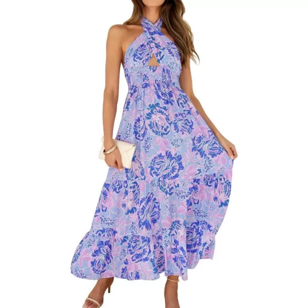 imageZESICA Womens Summer Crossover Halter Neck Sleeveless Plaid Cut Out Backless Flowy A Line Maxi DressBluishviolet