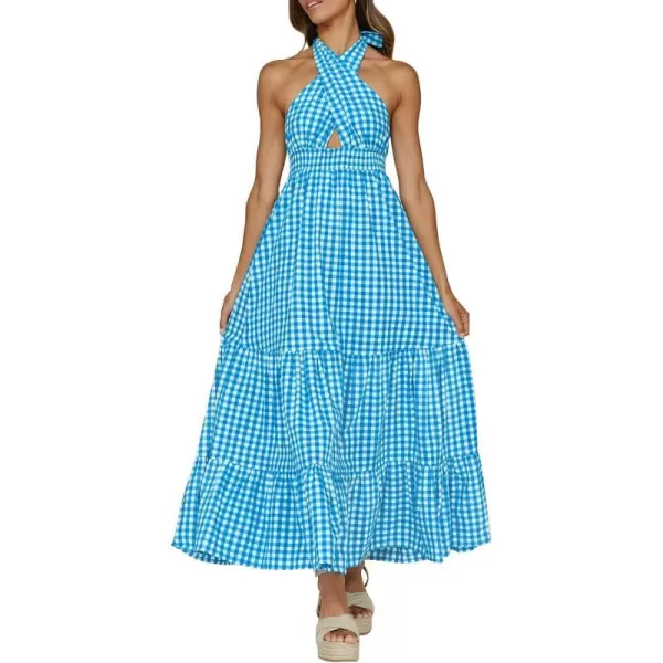 imageZESICA Womens Summer Crossover Halter Neck Sleeveless Plaid Cut Out Backless Flowy A Line Maxi DressBrightblue