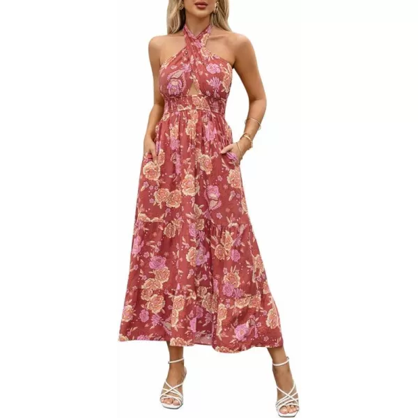 imageZESICA Womens Summer Crossover Halter Neck Sleeveless Plaid Cut Out Backless Flowy A Line Maxi DressBurntbrick