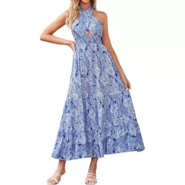 imageZESICA Womens Summer Crossover Halter Neck Sleeveless Plaid Cut Out Backless Flowy A Line Maxi DressDarkblue