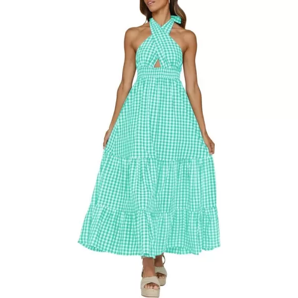imageZESICA Womens Summer Crossover Halter Neck Sleeveless Plaid Cut Out Backless Flowy A Line Maxi DressGreen