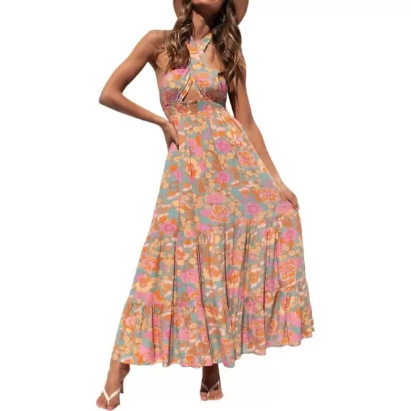 imageZESICA Womens Summer Crossover Halter Neck Sleeveless Plaid Cut Out Backless Flowy A Line Maxi DressGreygreen
