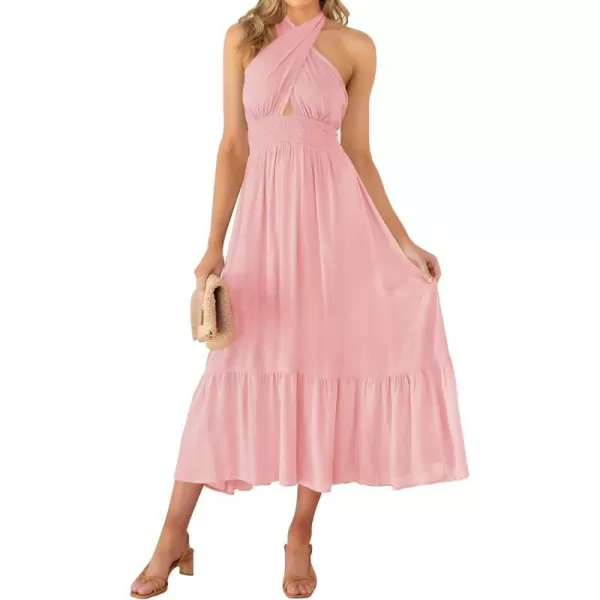 imageZESICA Womens Summer Crossover Halter Neck Sleeveless Plaid Cut Out Backless Flowy A Line Maxi DressLightpink