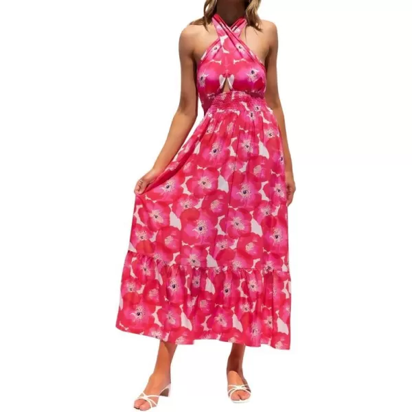 imageZESICA Womens Summer Crossover Halter Neck Sleeveless Plaid Cut Out Backless Flowy A Line Maxi DressMagenta