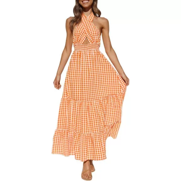 imageZESICA Womens Summer Crossover Halter Neck Sleeveless Plaid Cut Out Backless Flowy A Line Maxi DressOrange