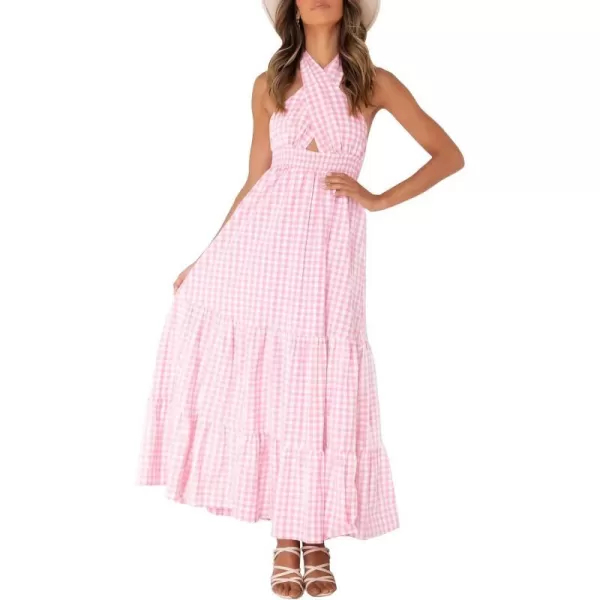 imageZESICA Womens Summer Crossover Halter Neck Sleeveless Plaid Cut Out Backless Flowy A Line Maxi DressPink