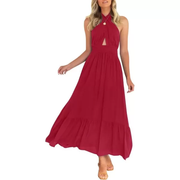 imageZESICA Womens Summer Crossover Halter Neck Sleeveless Plaid Cut Out Backless Flowy A Line Maxi DressRed