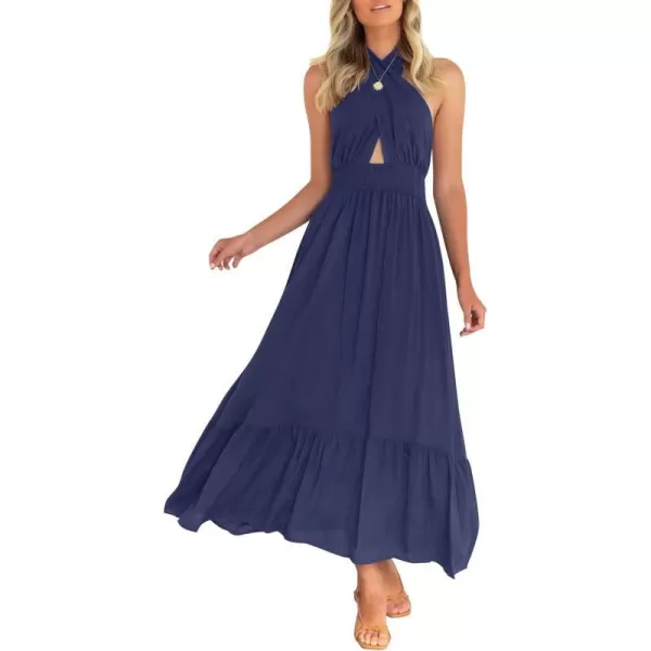 imageZESICA Womens Summer Crossover Halter Neck Sleeveless Plaid Cut Out Backless Flowy A Line Maxi DressRoyalblue