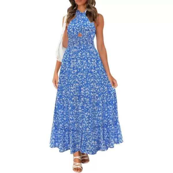 imageZESICA Womens Summer Crossover Halter Neck Sleeveless Plaid Cut Out Backless Flowy A Line Maxi DressSkyblue