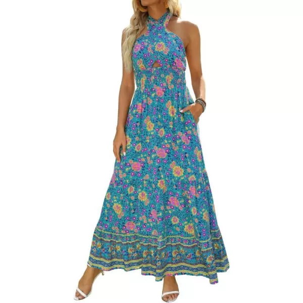imageZESICA Womens Summer Crossover Halter Neck Sleeveless Plaid Cut Out Backless Flowy A Line Maxi DressVintagegreen