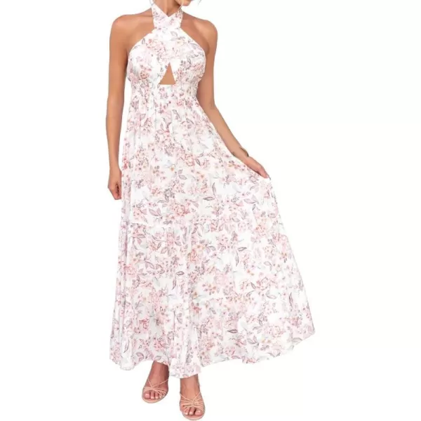 imageZESICA Womens Summer Crossover Halter Neck Sleeveless Plaid Cut Out Backless Flowy A Line Maxi DressWhite