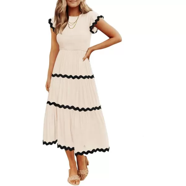 imageZESICA Womens Summer Flutter Short Sleeve Smocked Midi Dress 2024 Casual High Waist Rickrack Tiered Flowy DressesApricot