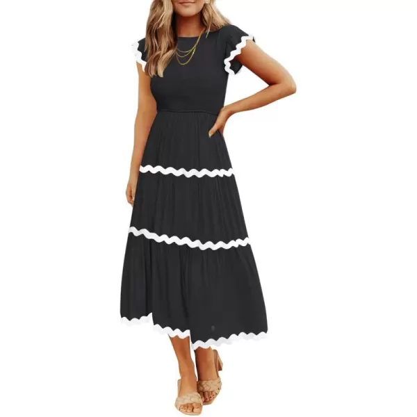 imageZESICA Womens Summer Flutter Short Sleeve Smocked Midi Dress 2024 Casual High Waist Rickrack Tiered Flowy DressesBlack