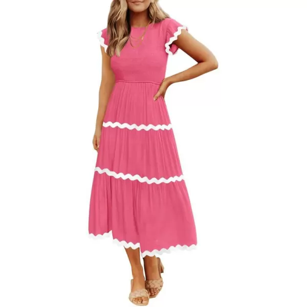 imageZESICA Womens Summer Flutter Short Sleeve Smocked Midi Dress 2024 Casual High Waist Rickrack Tiered Flowy DressesHot Pink