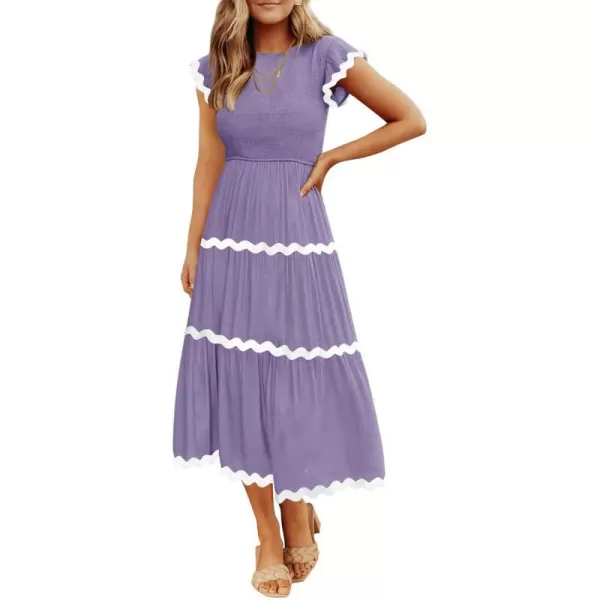 imageZESICA Womens Summer Flutter Short Sleeve Smocked Midi Dress 2024 Casual High Waist Rickrack Tiered Flowy DressesPurple