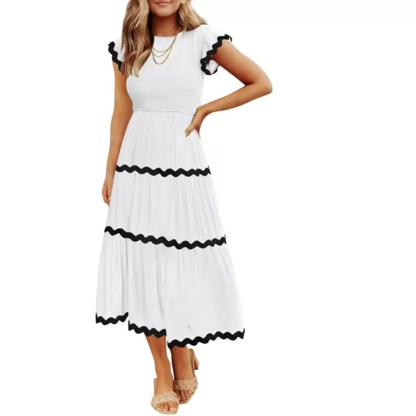 imageZESICA Womens Summer Flutter Short Sleeve Smocked Midi Dress 2024 Casual High Waist Rickrack Tiered Flowy DressesWhite