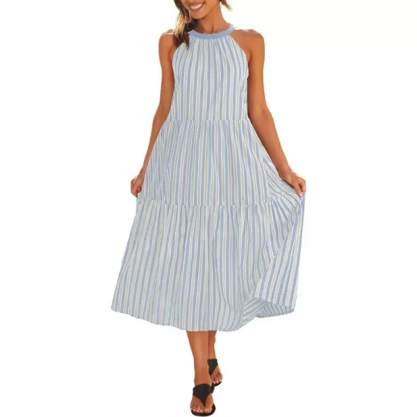 imageZESICA Womens Summer Halter Maxi Dresses 2024 Casual Boho Striped Sleeveless Tiered Flowy A Line Beach Long DressBlue